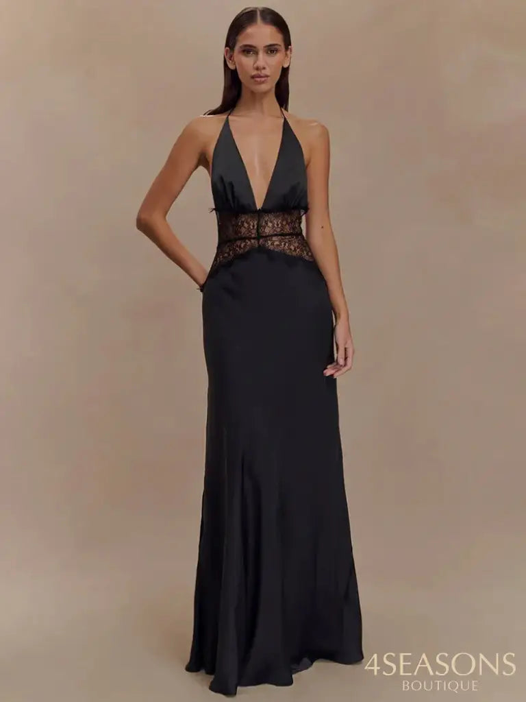 Mozision Summer Backless Sexy Maxi Dress Women Gown Patchwork Lace Halter Deep V Neck Sleeveless High Waist Elegant