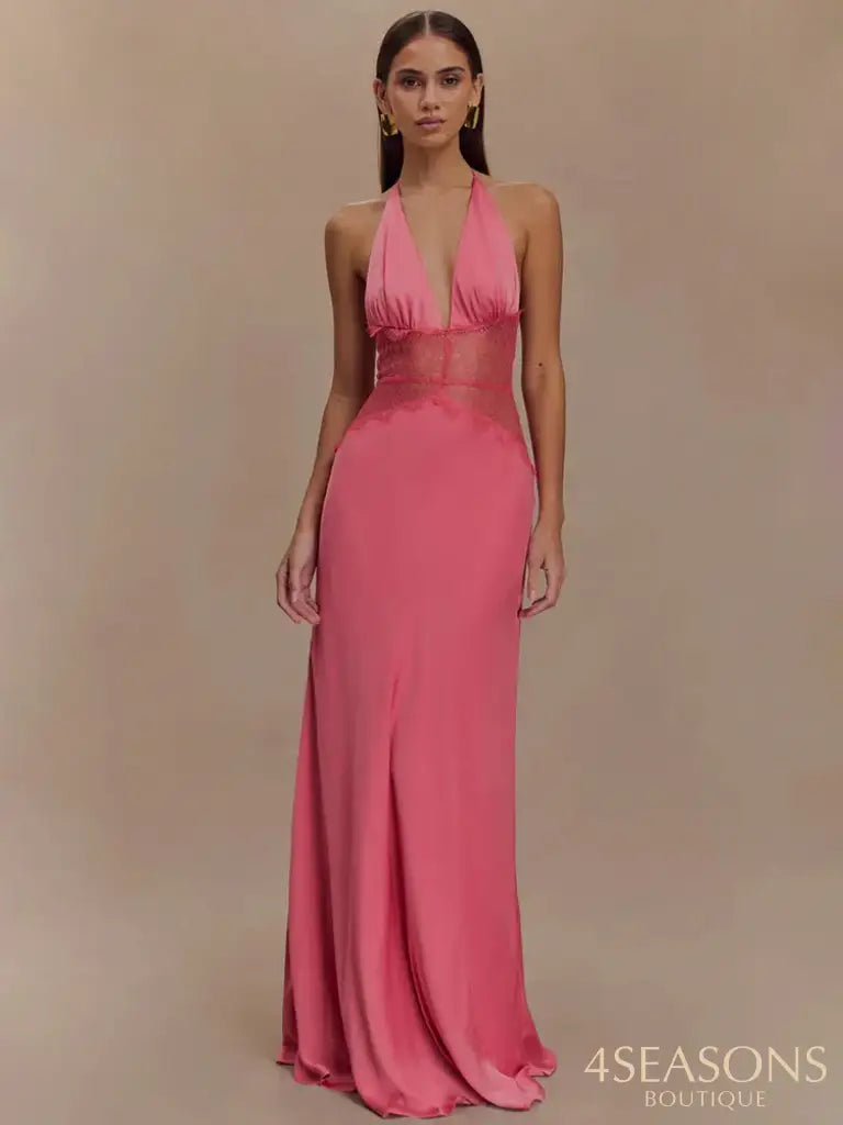 Mozision Summer Backless Sexy Maxi Dress Women Gown Patchwork Lace Halter Deep V Neck Sleeveless High Waist Elegant