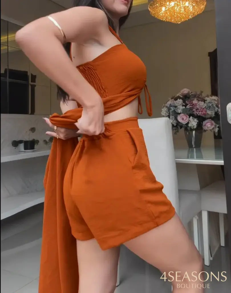 Fashion Summer Women’s 2 Pieces Outfit V Neck Sleeveless Shirred Drawstring Slit Top and Casual Elastic Waist Shorts Set