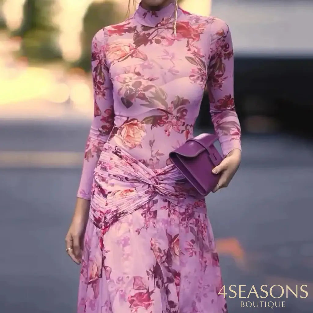 Ellafads Women Autumn Long Dress Printed Turtleneck Long Sleeve Nipped Waist Twist-Knot Slit Pleated Irregular Dress