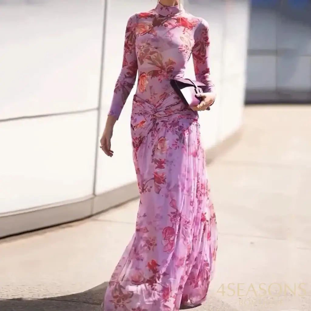 Ellafads Women Autumn Long Dress Printed Turtleneck Long Sleeve Nipped Waist Twist-Knot Slit Pleated Irregular Dress