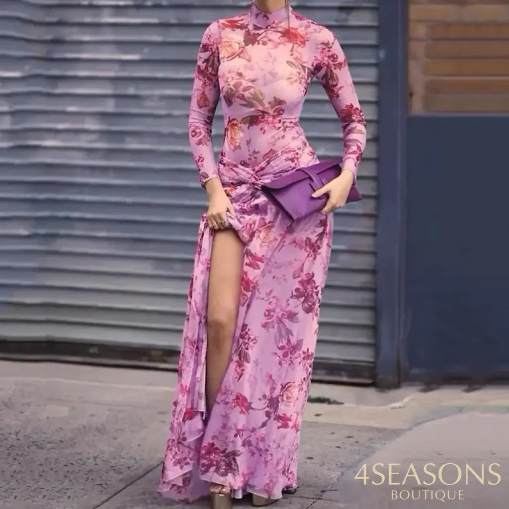 Ellafads Women Autumn Long Dress Printed Turtleneck Long Sleeve Nipped Waist Twist-Knot Slit Pleated Irregular Dress