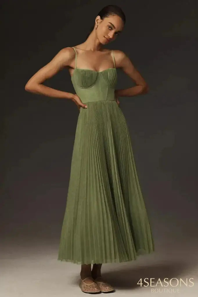 Bustier Pleated Tulle Fit & Flare Midi Dress Green / S