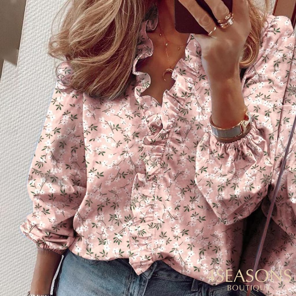 Jocoo Jolee 2022 Summer Floral Print Ruffles Women Blouse Office Lady Short Sleeve V Neck Shirts
