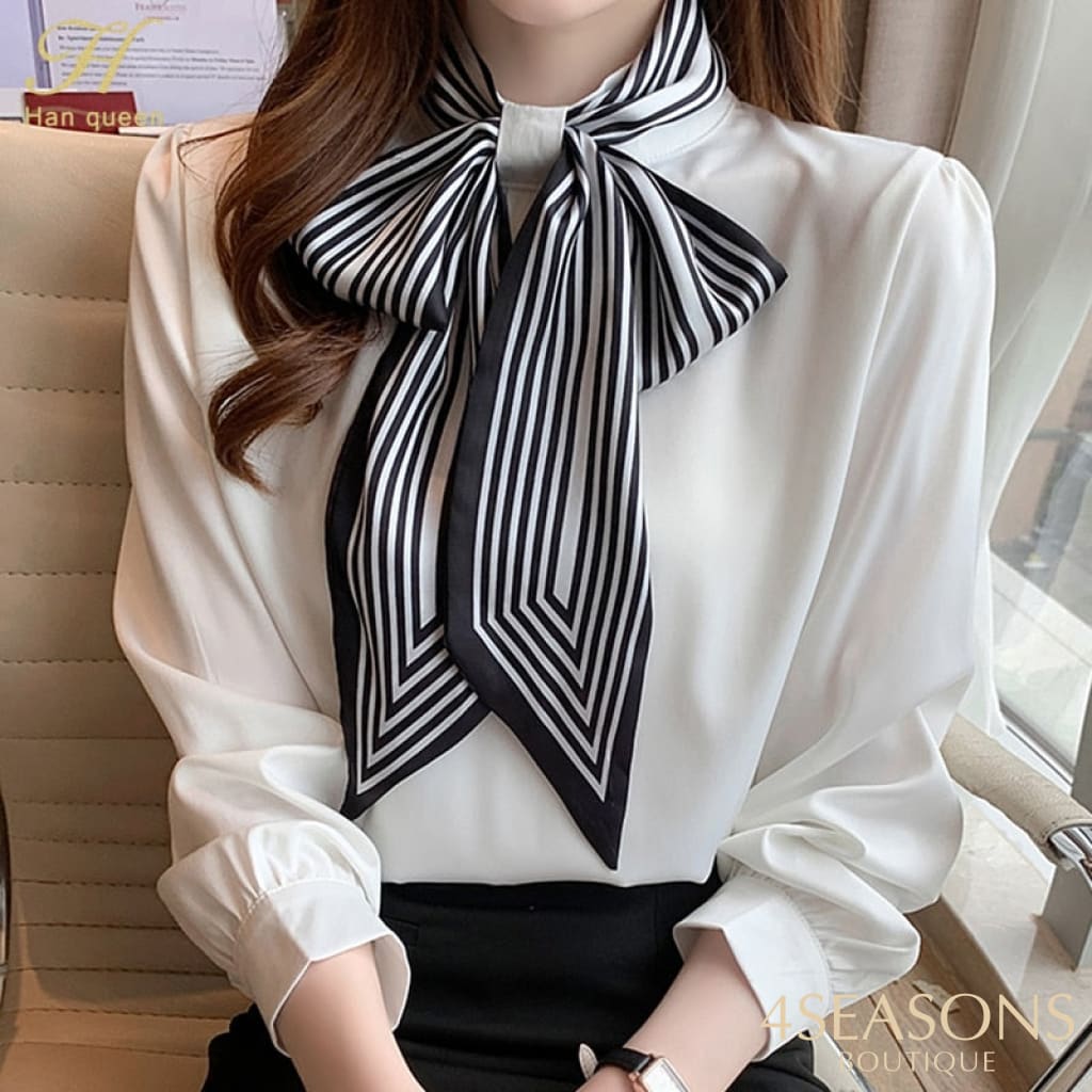 H Han Queen New 2022 Office Shirt Womens Blouses Bow Vintage Work Casual Tops Chiffon Blouse Elegant