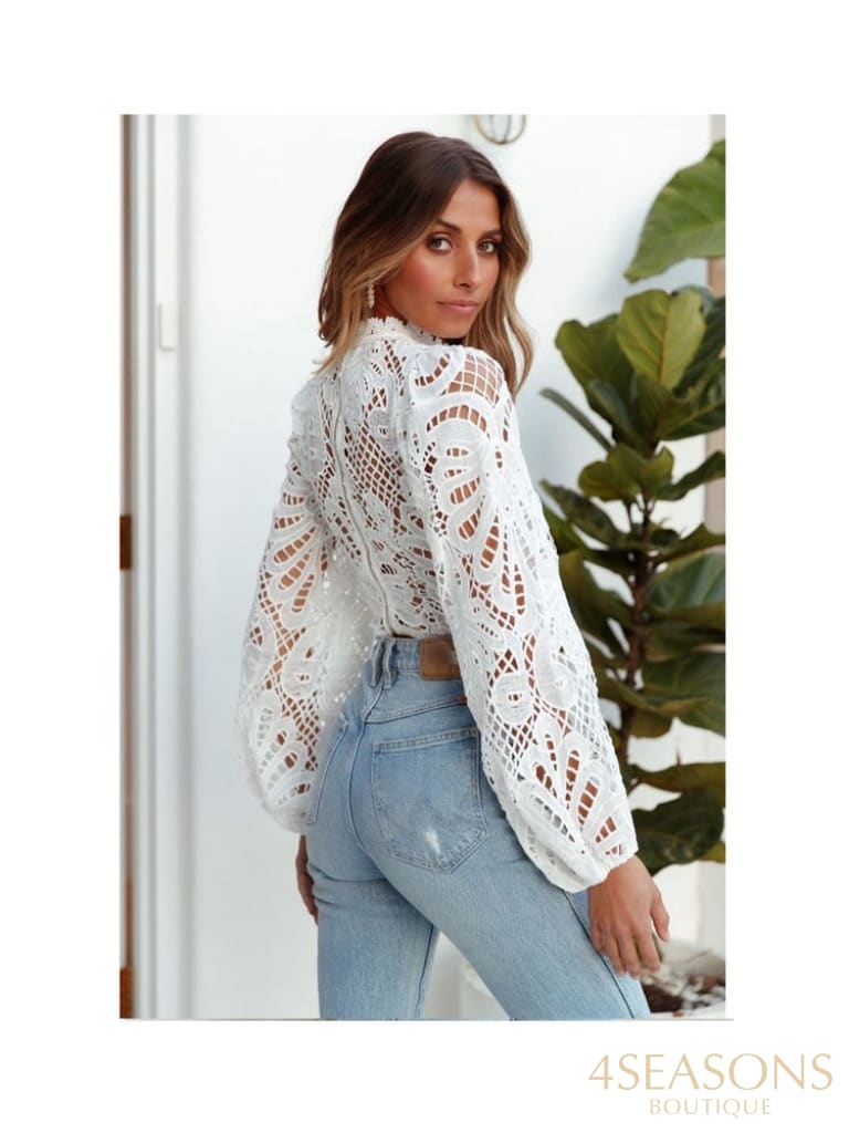 Sexy Long Sleeve Lace Blouse Women Tops Casual White Crochet Hollow Out Cropped Women's Shirt