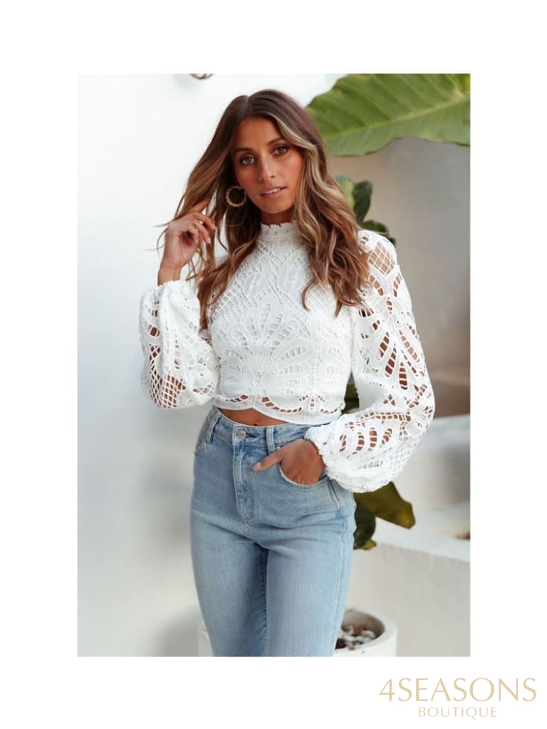 Sexy Long Sleeve Lace Blouse Women Tops Casual White Crochet Hollow Out Cropped Women's Shirt