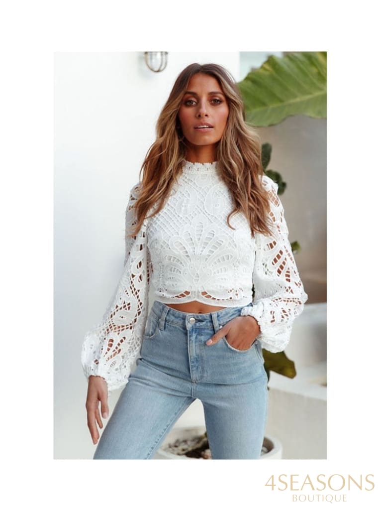 Sexy Long Sleeve Lace Blouse Women Tops Casual White Crochet Hollow Out Cropped Women's Shirt