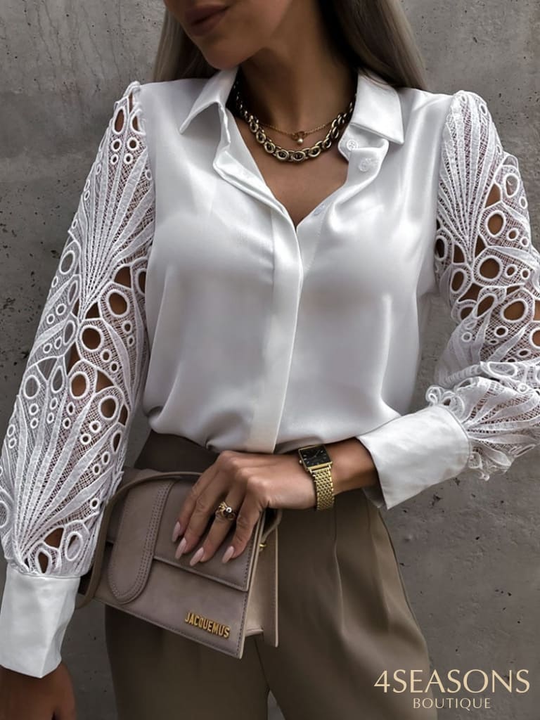 White Sexy Lace Hollow Out Women Blouse 2022 Spring Black Vintage Button Up Shirts Top Long Sleeve