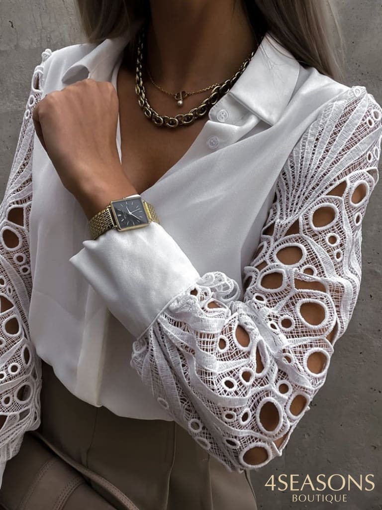 White Sexy Lace Hollow Out Women Blouse 2022 Spring Black Vintage Button Up Shirts Top Long Sleeve