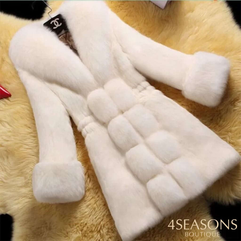 Warm Clothing Fashion Faux Fur V Neck Long Sleeve Coat Ladies Plush White / S