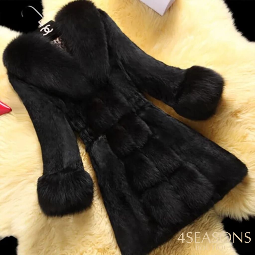 Warm Clothing Fashion Faux Fur V Neck Long Sleeve Coat Ladies Plush Black / S