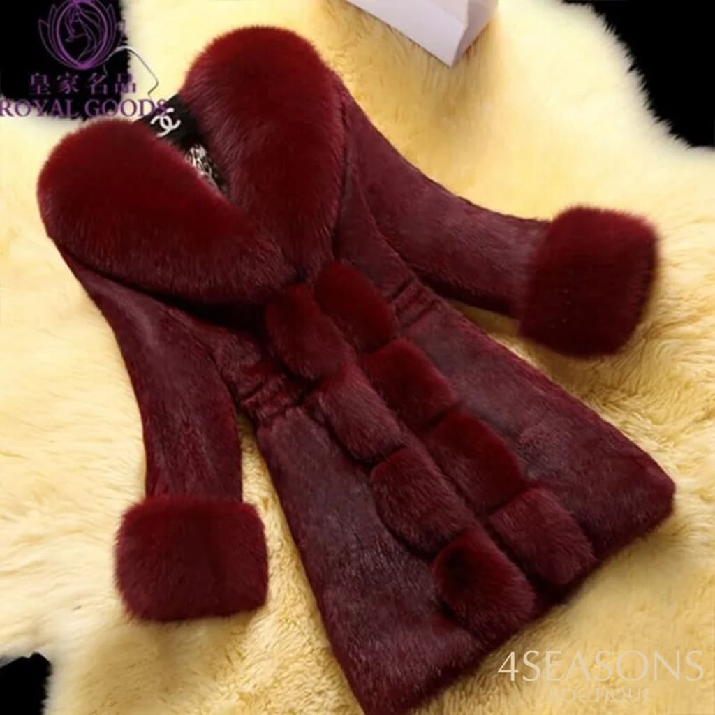 Warm Clothing Fashion Faux Fur V Neck Long Sleeve Coat Ladies Plush Claret / S