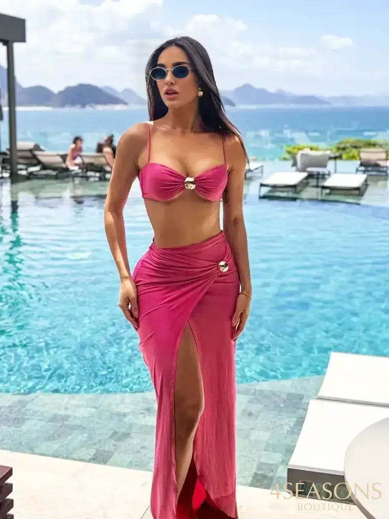 3 Piece Bikini Sets Spaghetti Strap Swimsuits 2025 Women Sexy High Split Beachwear Long Skirt