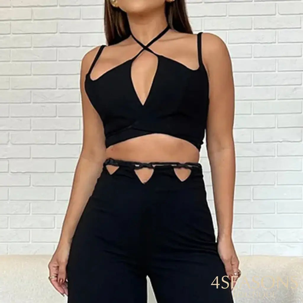 Waytobele Women Two Piece Set Summer Fashion Sexy Halter Neck Tie Up Suspender Lace Backless Top