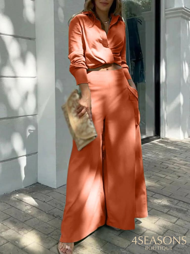 2022 New Long Sleeve Lapel V Neck Shirts + High Waist Pockets Pants Suit Lady Office Set Summer
