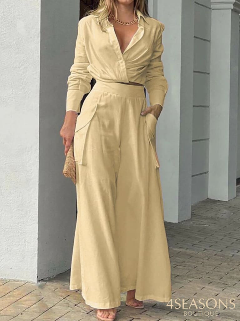2022 New Long Sleeve Lapel V Neck Shirts + High Waist Pockets Pants Suit Lady Office Set Summer