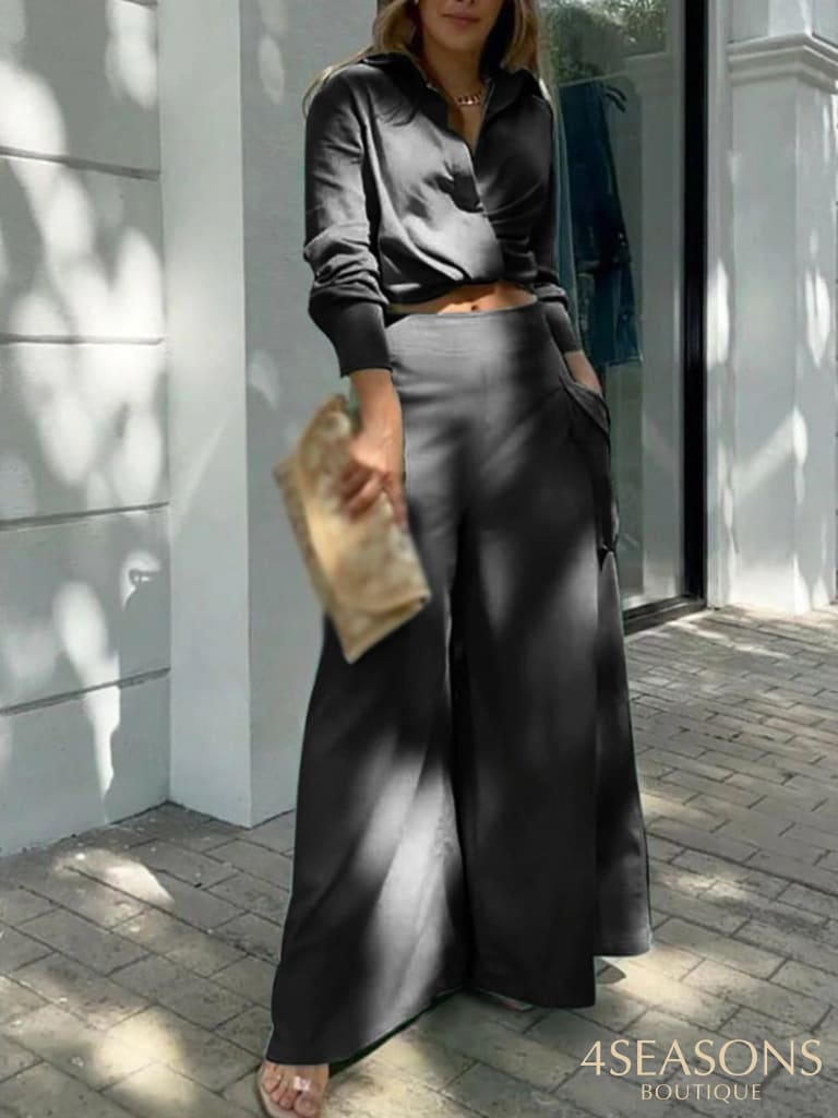 2022 New Long Sleeve Lapel V Neck Shirts + High Waist Pockets Pants Suit Lady Office Set Summer