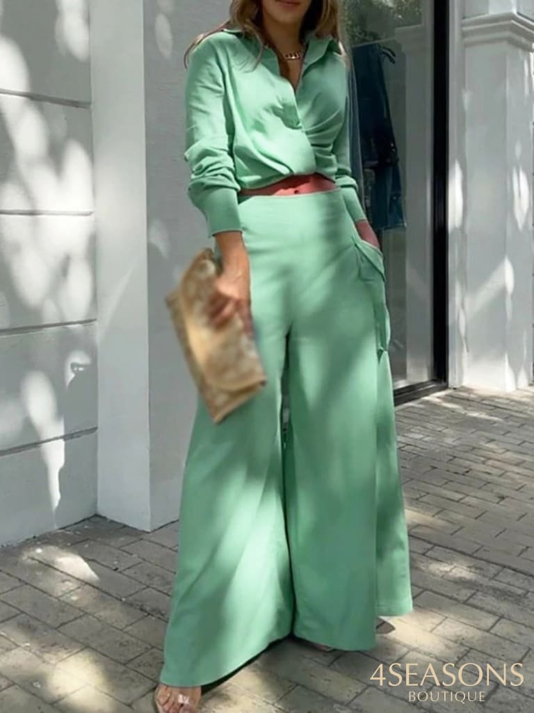 2022 New Long Sleeve Lapel V Neck Shirts + High Waist Pockets Pants Suit Lady Office Set Summer