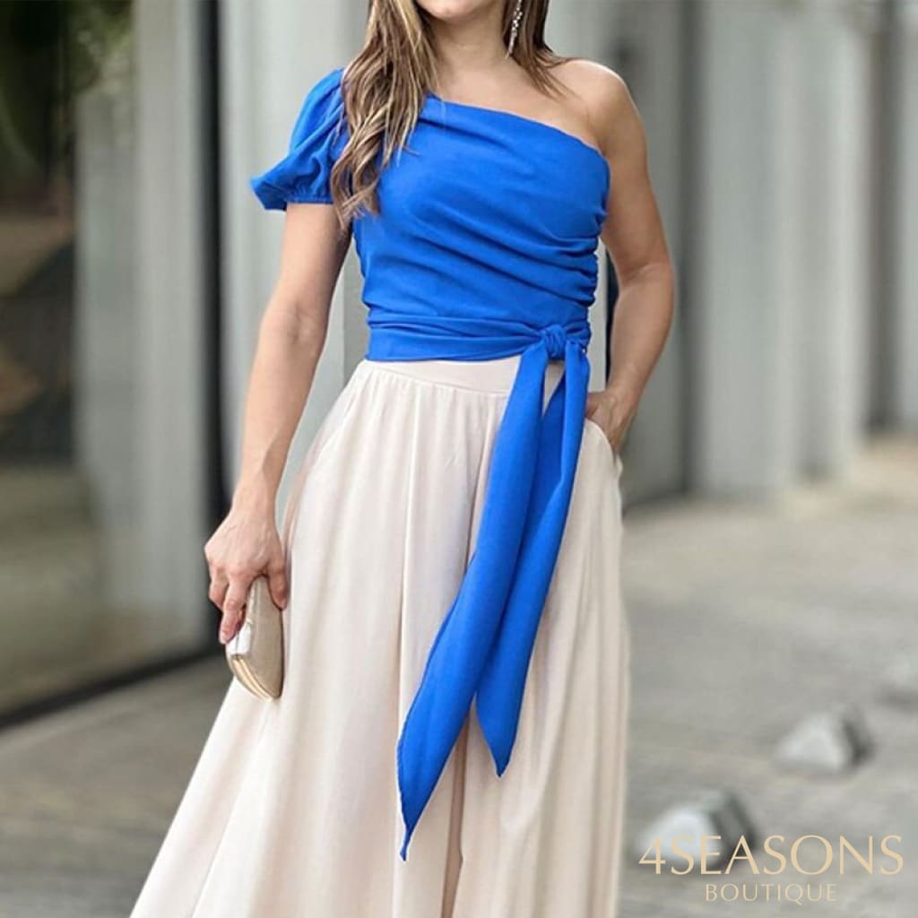 Liyong Womentwo Piece Set Sexy One Shoulder Puff Sleeve Lace Up Pleated Top Loose Wide Legs Pants