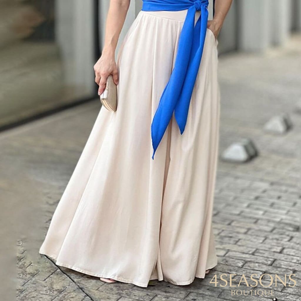 Liyong Womentwo Piece Set Sexy One Shoulder Puff Sleeve Lace Up Pleated Top Loose Wide Legs Pants