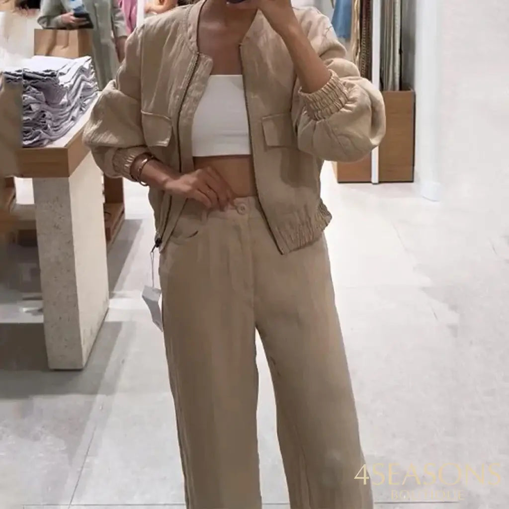 Wefads Autumn Women 2 Piece Set Casual Simple Solid Long Sleeve Round Neck Zipper Jacket Top Loose