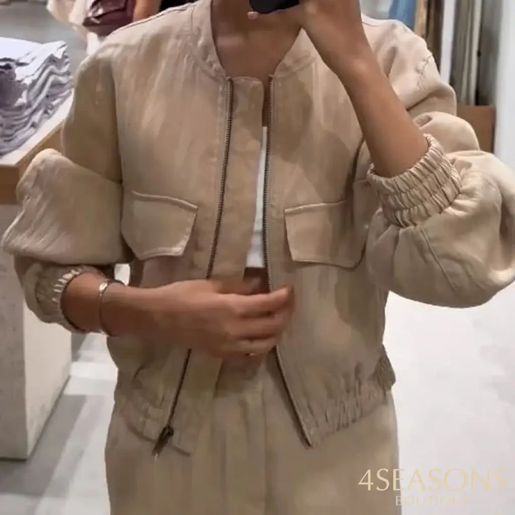 Wefads Autumn Women 2 Piece Set Casual Simple Solid Long Sleeve Round Neck Zipper Jacket Top Loose