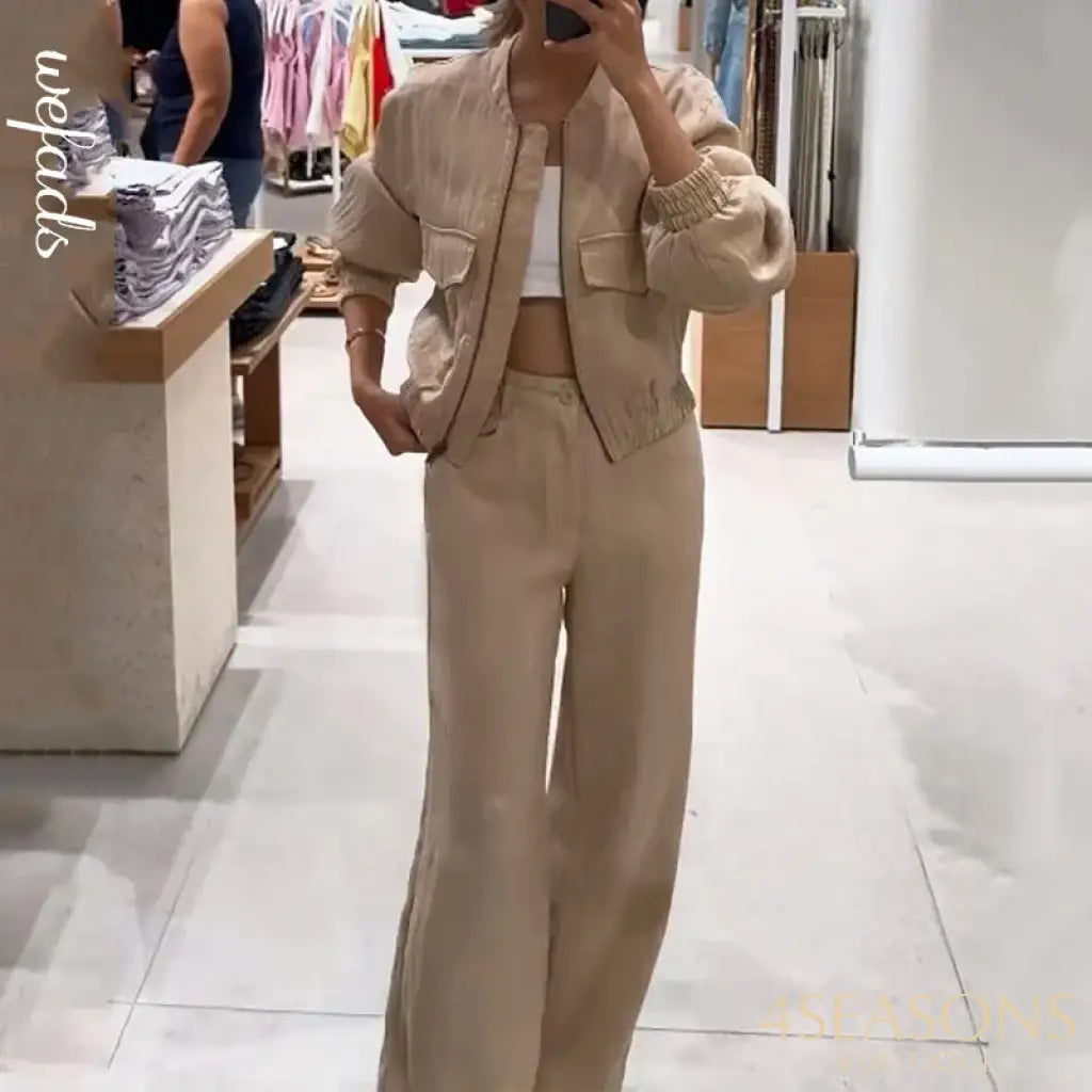 Wefads Autumn Women 2 Piece Set Casual Simple Solid Long Sleeve Round Neck Zipper Jacket Top Loose