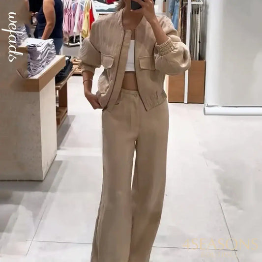 Wefads Autumn Women 2 Piece Set Casual Simple Solid Long Sleeve Round Neck Zipper Jacket Top Loose