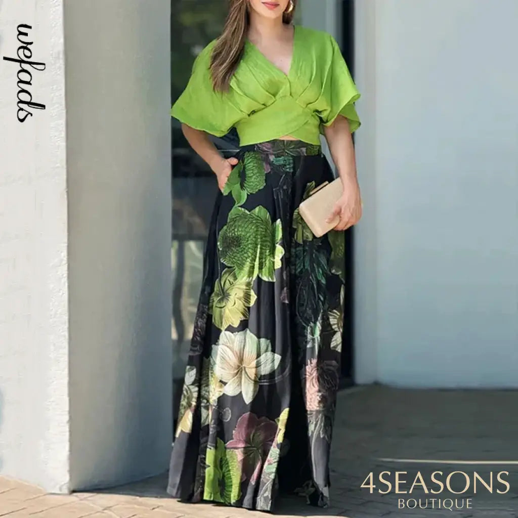 Wefads Women 2025 Newest 2 Piece Set Casual Solid V Neck Short Sleeve Nipped Waist Pullover Top