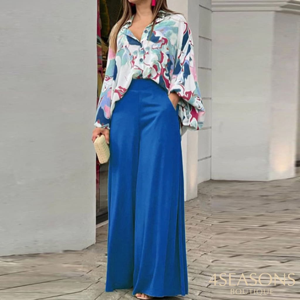 Autumn Summer Fashion Shirts Wide-Leg Pants Sets Womens Long Sleeve Casual Loose Printed Two Piece