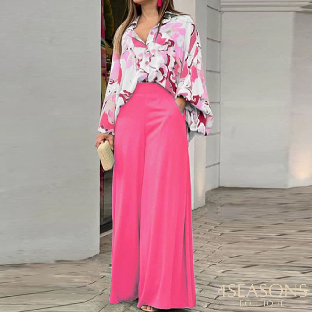 Autumn Summer Fashion Shirts Wide-Leg Pants Sets Womens Long Sleeve Casual Loose Printed Two Piece