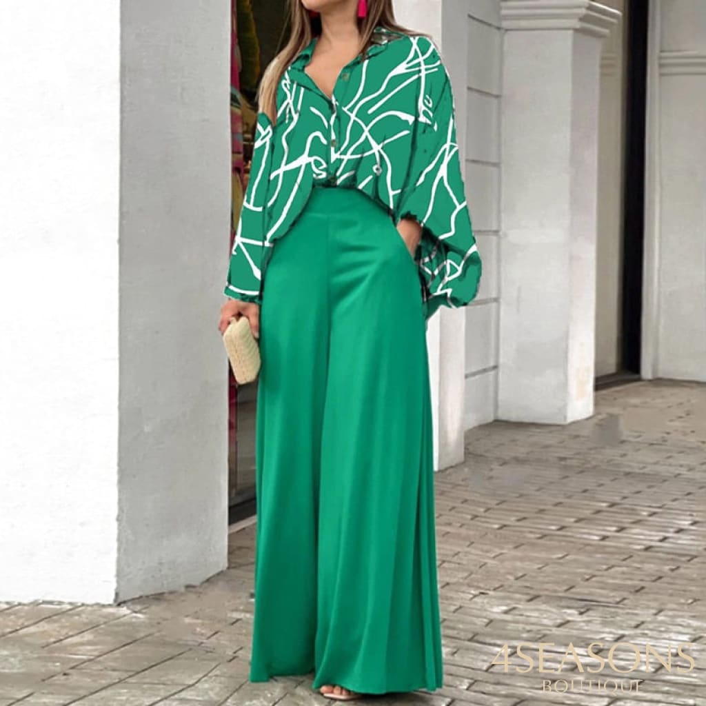 Autumn Summer Fashion Shirts Wide-Leg Pants Sets Womens Long Sleeve Casual Loose Printed Two Piece