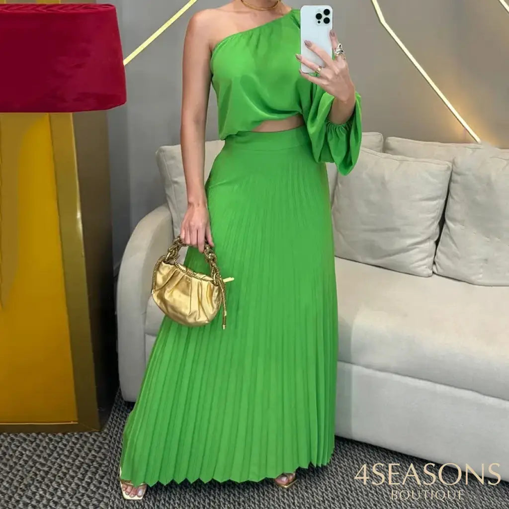 Wefads Women 2 Piece Set Elegant Solid One Shoulder Irregular Lantern Sleeve High Waist Pullover