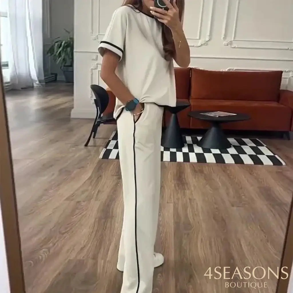 Liyong Women Two Piece Set Summer Commuting Casual Solid Round Neck Short Sleeve Black Line Top