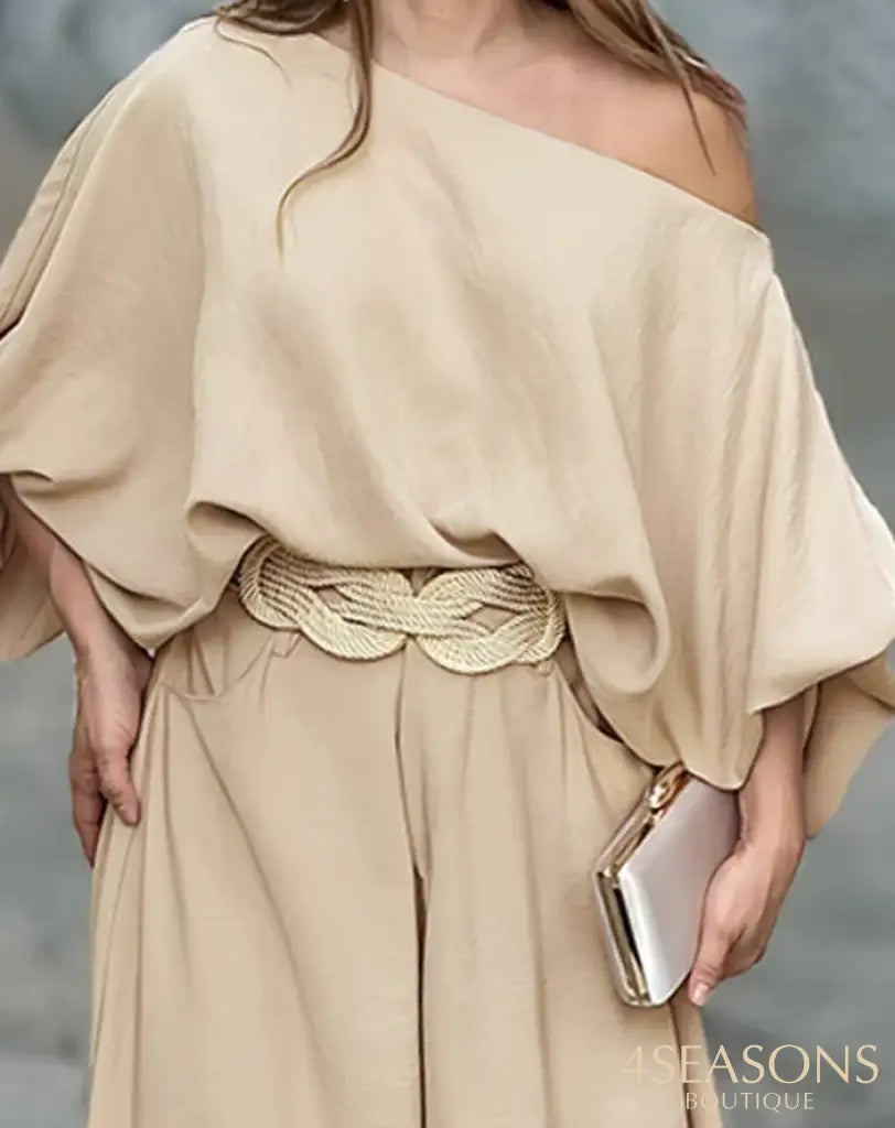 Women’s Casual Two-Piece Set Skew Neck Lantern Sleevetop&Wide Leg Pants 2024 Spring/Summer Latest