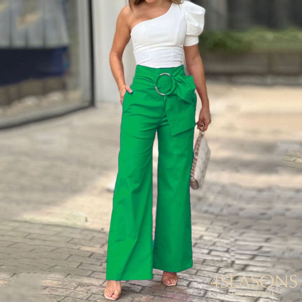 Liyong Women Two Piece Set Sexy One Shoulder Puff Sleeve Solid Color Top Loose Wide Legs Lace Up