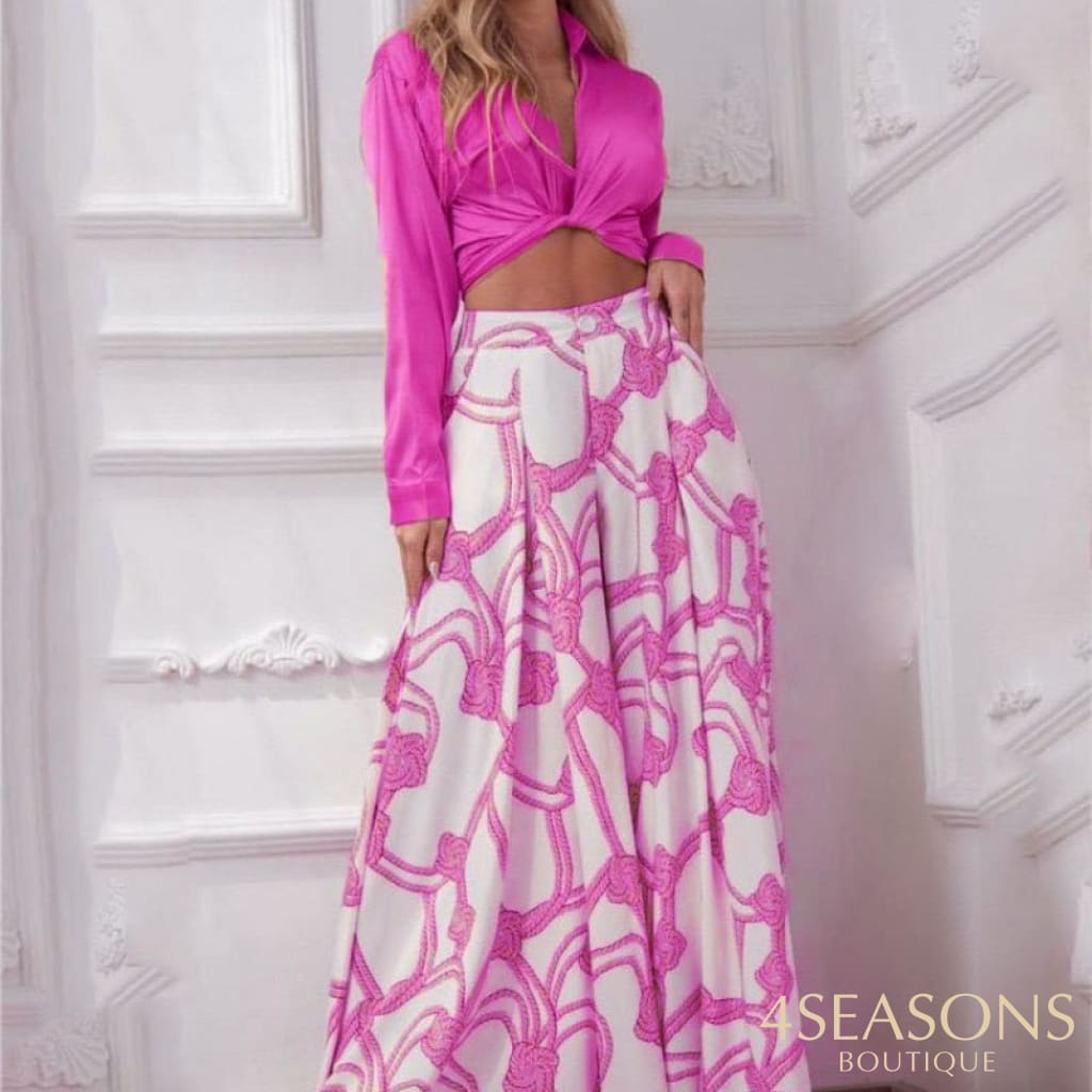 Wefads Women Two Pieces Sets Sexy V-Neck Long Sleeves Lapel Solid Color Top Rope Print Wide Leg