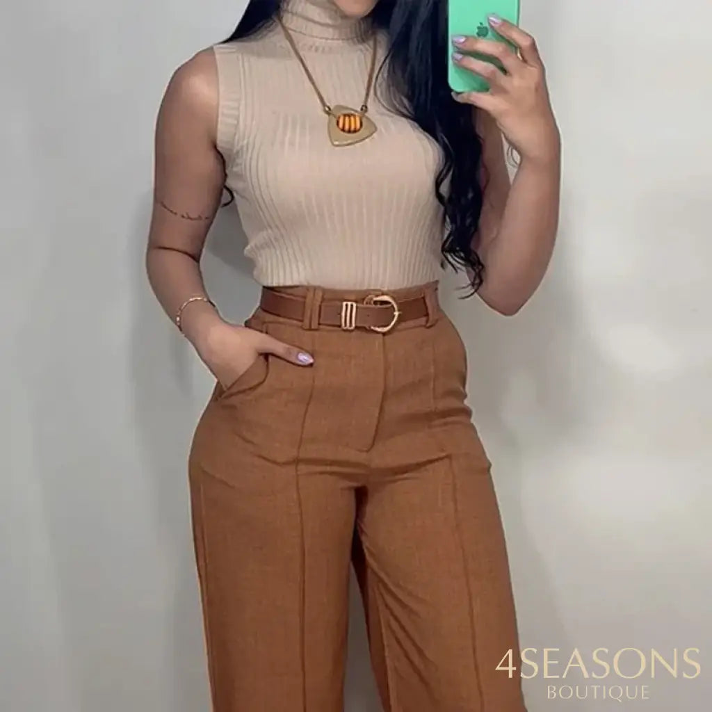 Wefads Women Two Piece Sets Fashion Solid High Collar Sleeveless Tank Slim Top Straight Long Pants