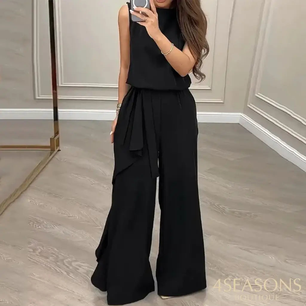 Wefads 2 Piece Set Women Fashion Casual Round Neck Solid Sleeveless Pullover Top Loose With Ruffled