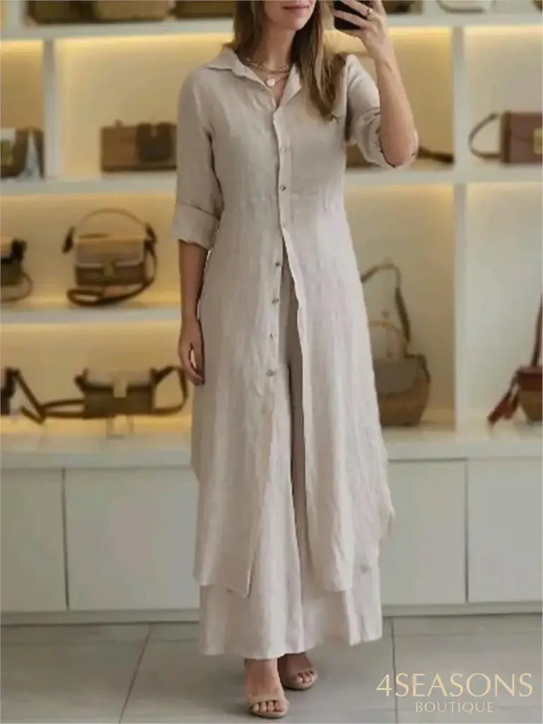 Spring Autumn Cotton Linen Loose 2 Piece Sets Casual Button Long Sleeved Women Outfit Elegant High
