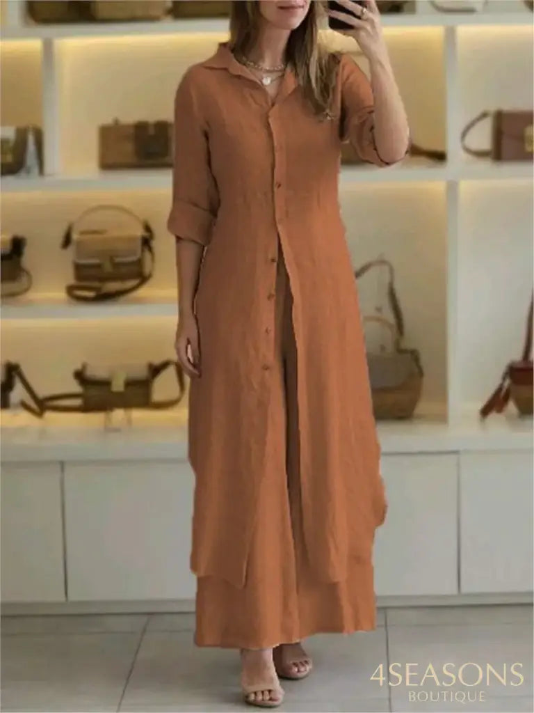 Spring Autumn Cotton Linen Loose 2 Piece Sets Casual Button Long Sleeved Women Outfit Elegant High