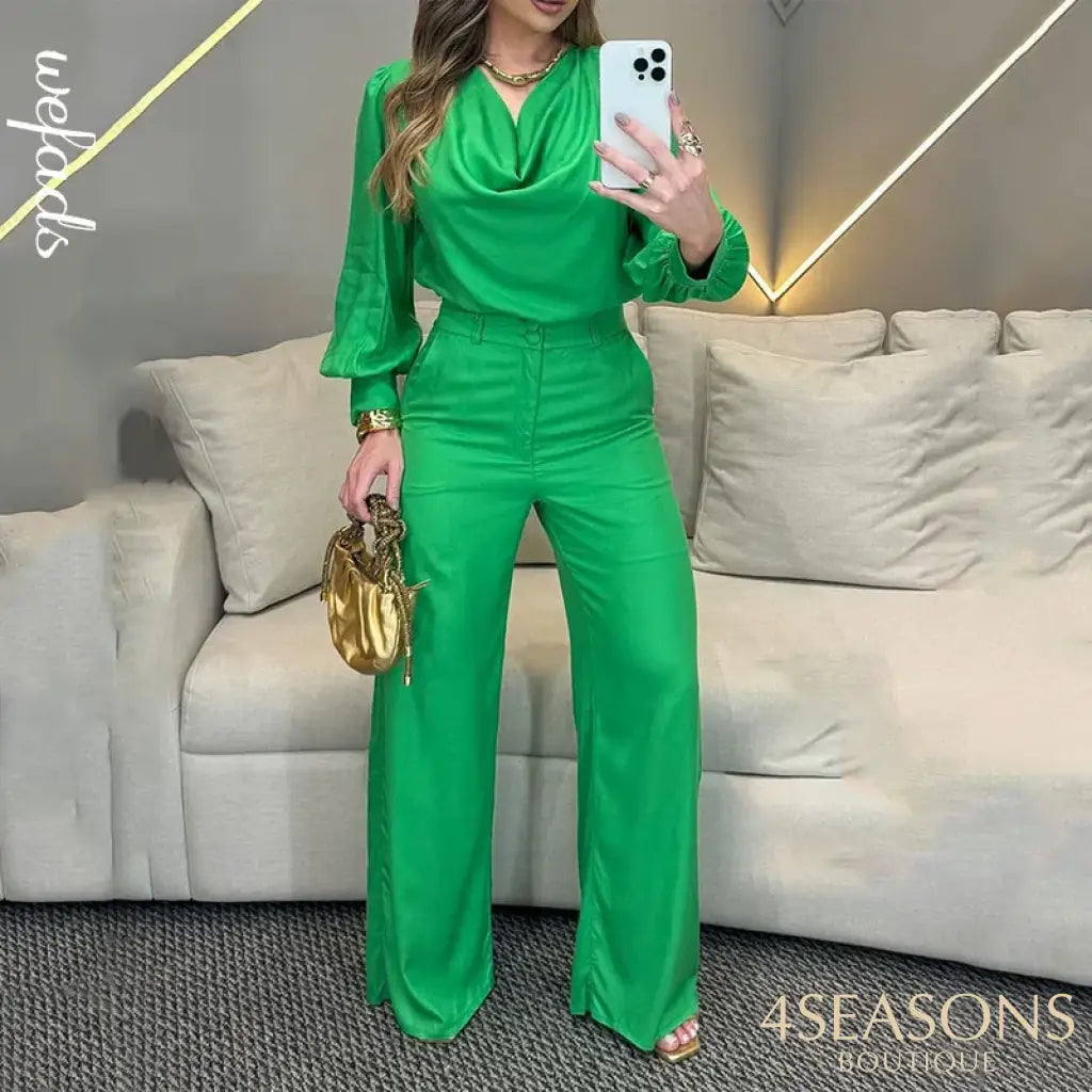 Wefads Autumn Two Piece Set Women Clothing Elegant Solid Long Lantern Sleeve Round Neck Top Loose