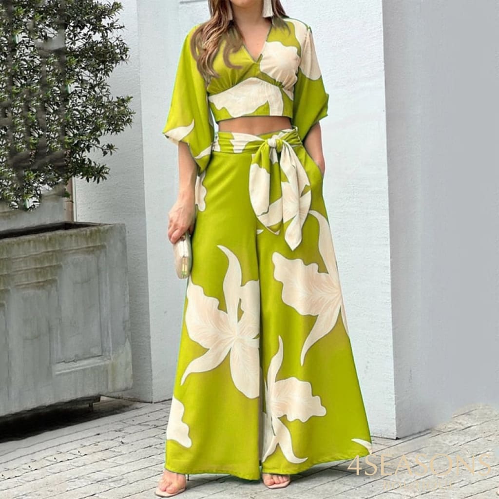 Wefads Women Two Piece Set Fashion V Neck Long Lantern Sleeve Print Loose Wide Legs Pants With