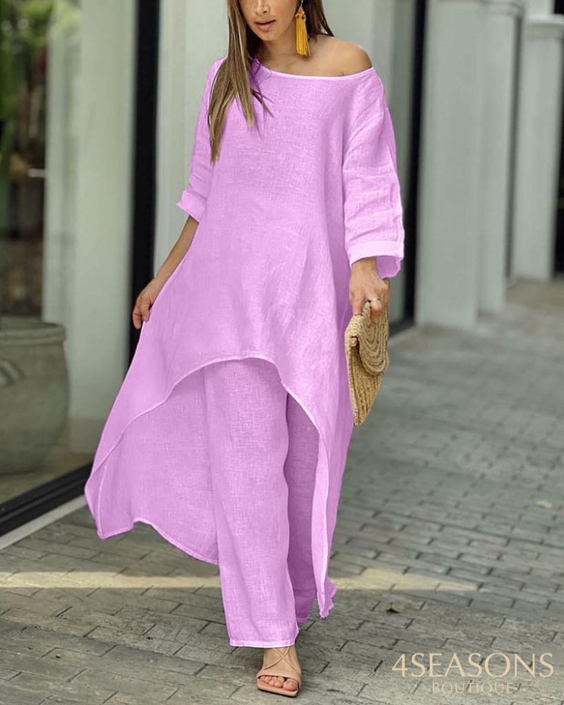 Autumn Two Piece Set Women Cotton Linen Wide Leg Pants Vintage Boho Shirt Dress Casual Loose Work