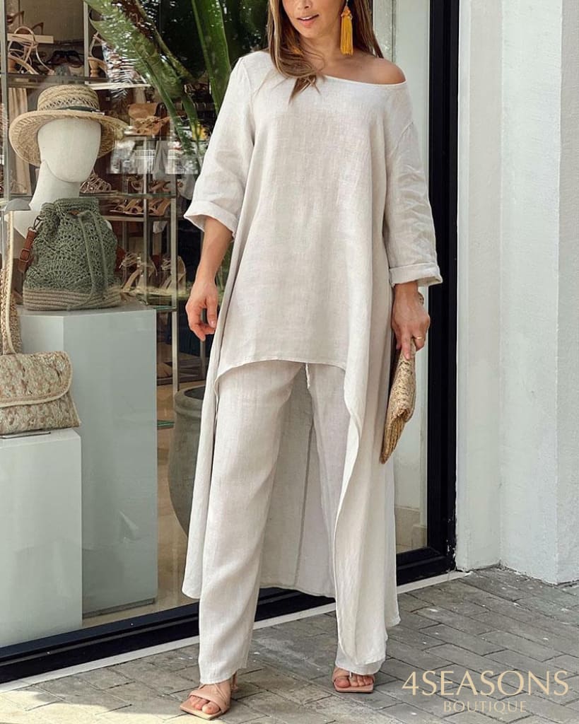 Autumn Two Piece Set Women Cotton Linen Wide Leg Pants Vintage Boho Shirt Dress Casual Loose Work