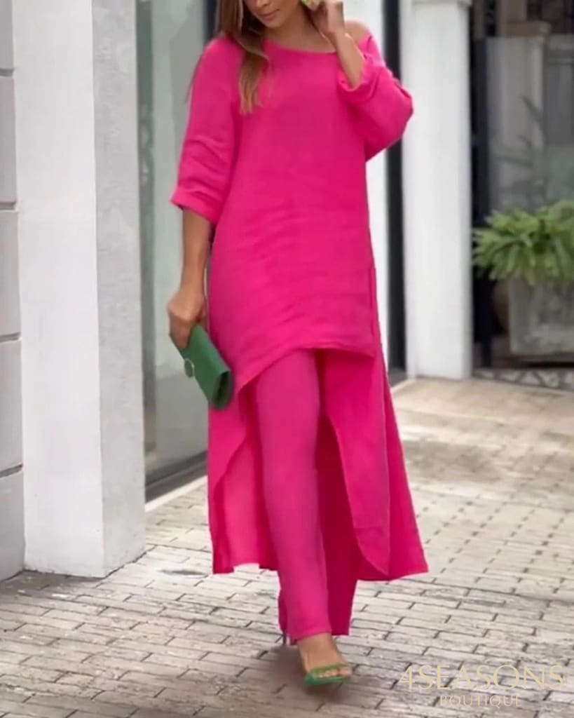 Autumn Two Piece Set Women Cotton Linen Wide Leg Pants Vintage Boho Shirt Dress Casual Loose Work