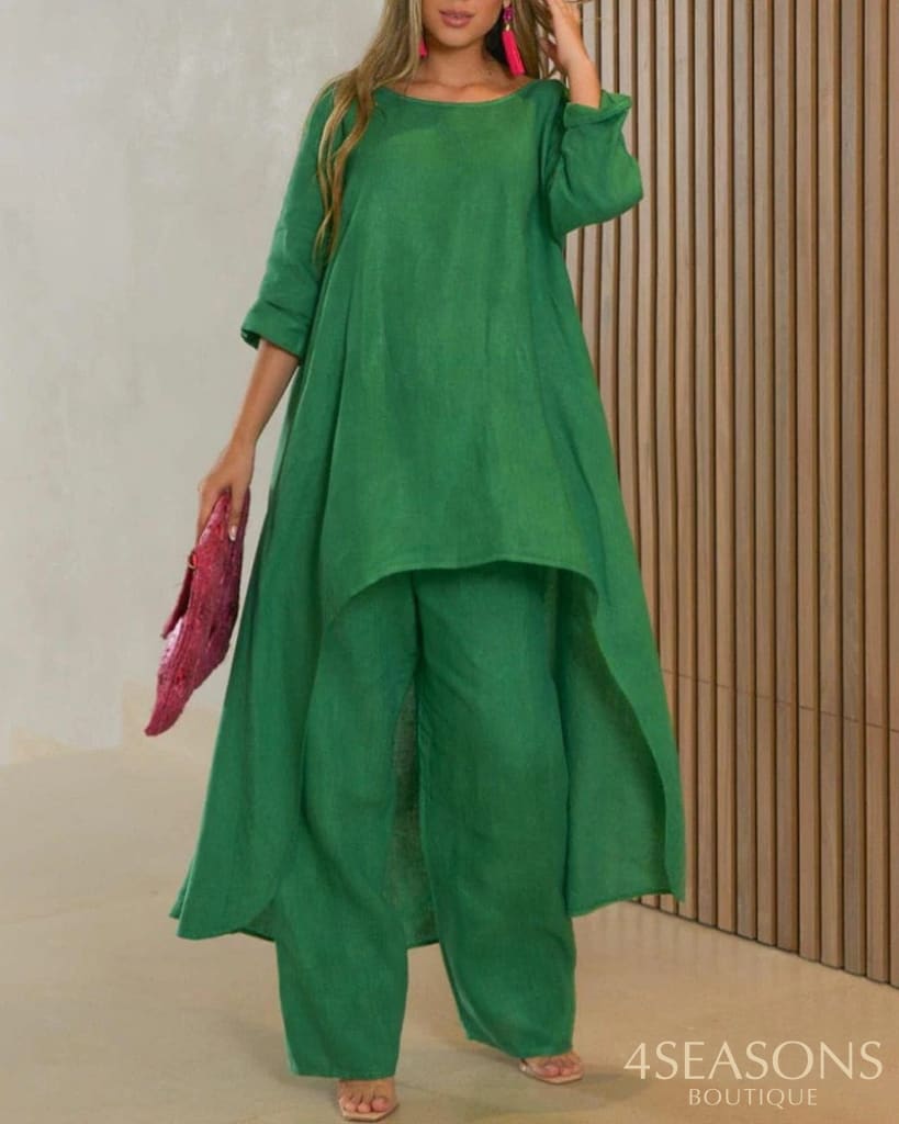 Autumn Two Piece Set Women Cotton Linen Wide Leg Pants Vintage Boho Shirt Dress Casual Loose Work