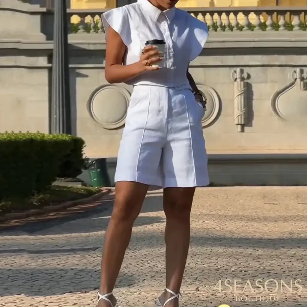 Wefads Women Two Piece Set Summer Fashion Solid Short Ruffled Sleeve Single Breasted Button Lapel