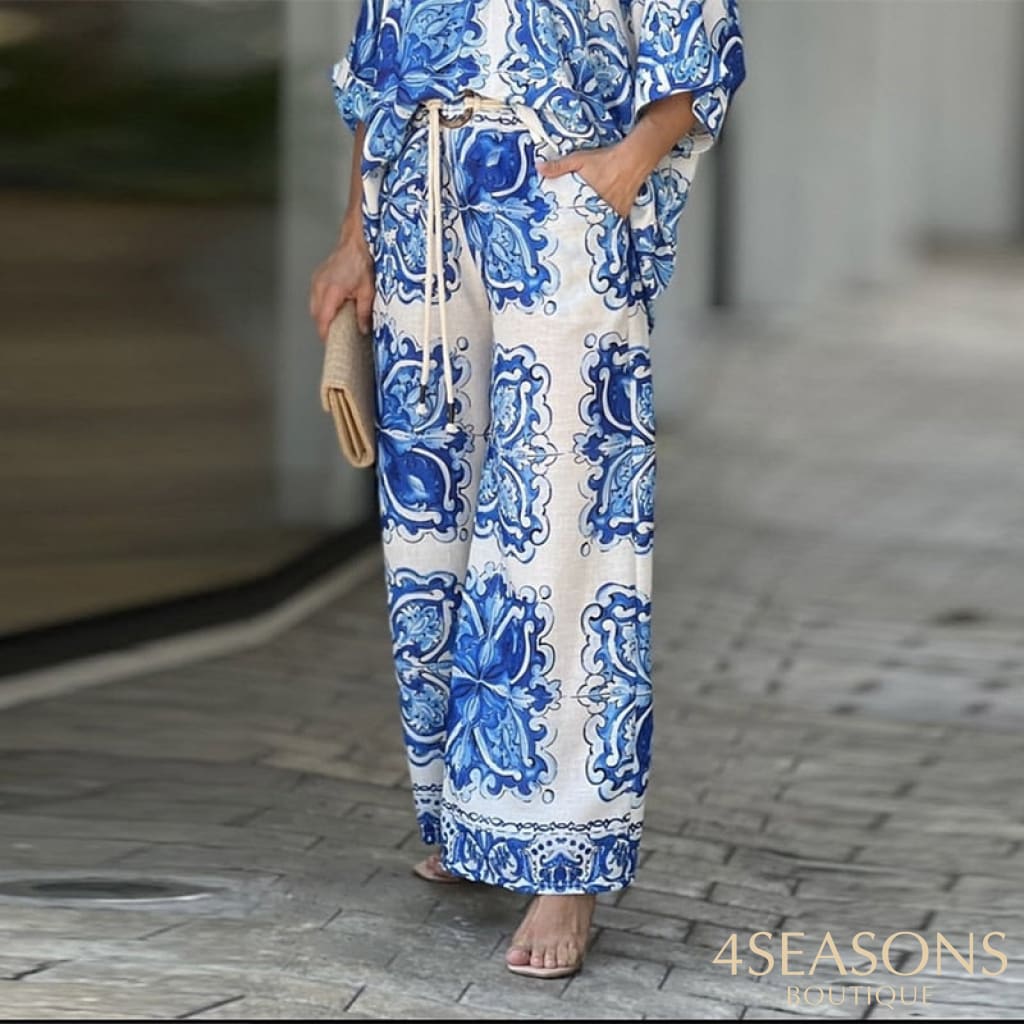 Wefads Women Two Piece Set Fashion Casual Print V Neck Half Sleeve Top Loose Wide Legs Stretch Long